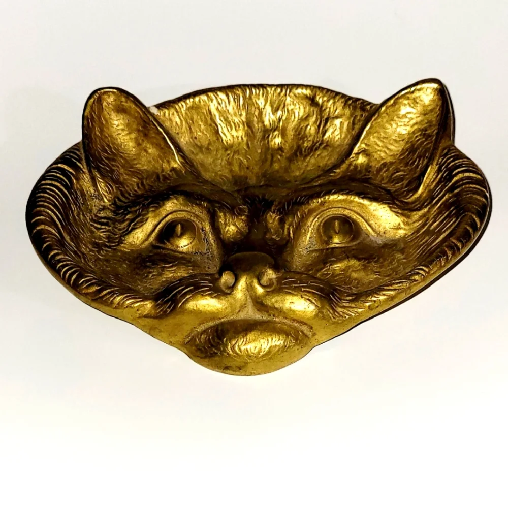 Vintage Cat Face Brass Trinket Dish
